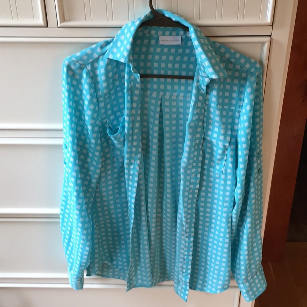 Teal and white plaid shirt